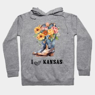 I Love Kansas Boho Cowboy Boots with Flowers Watercolor Art Hoodie